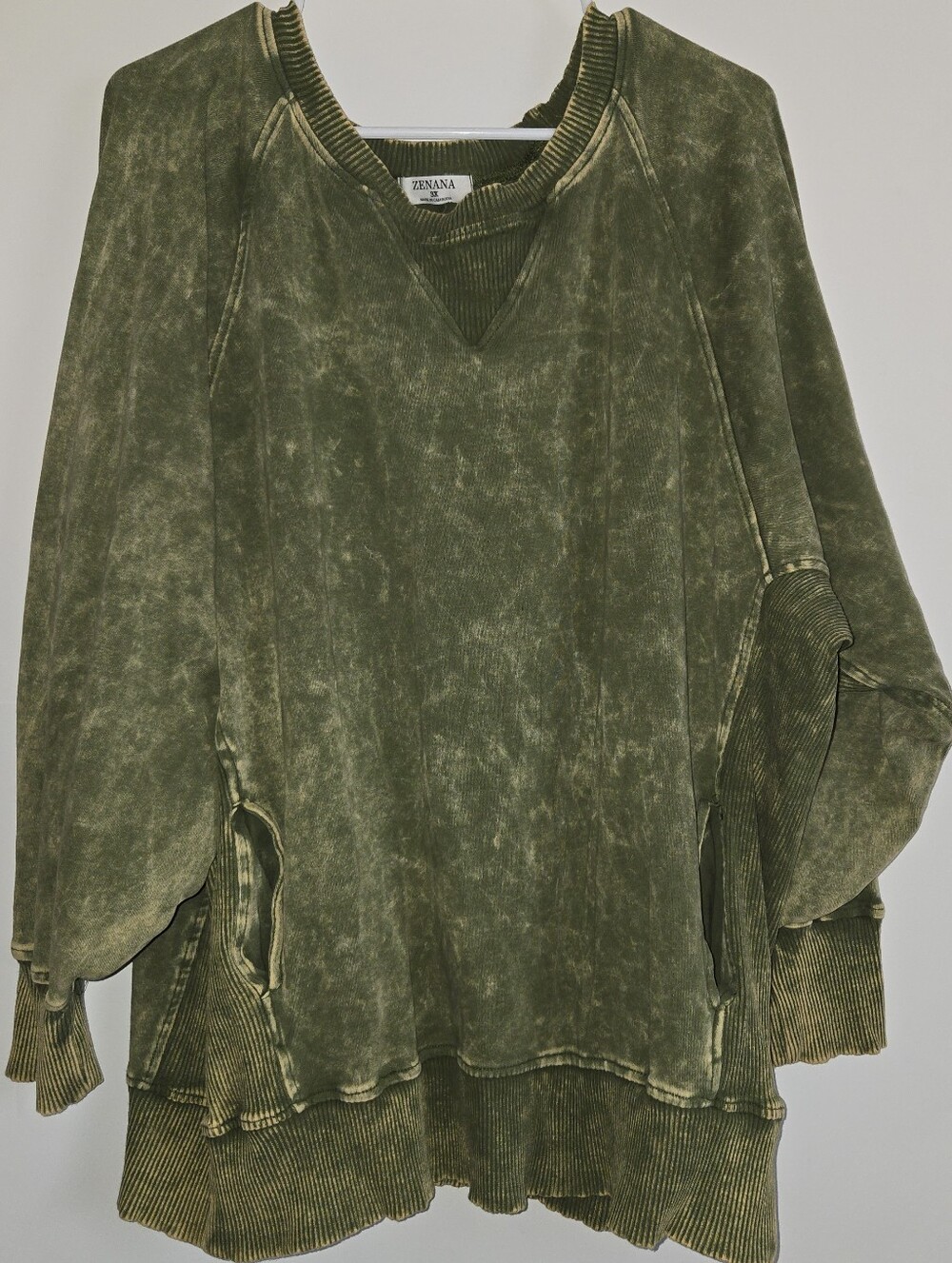 Zenana Charming Charlie 3X Green Acid Wash Distressed Oversized seam sweatshirt